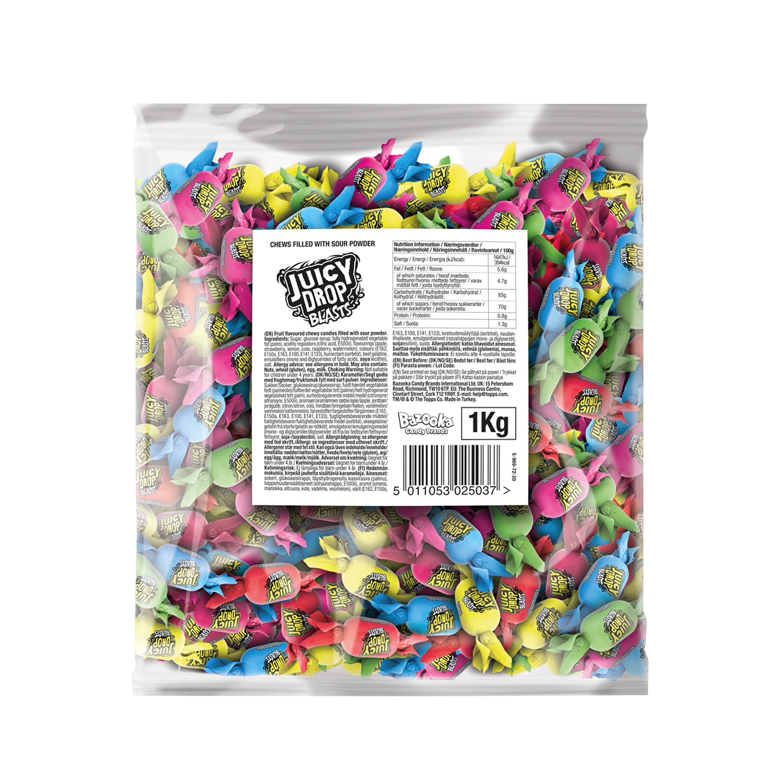 Juicy Drop Blasts Sweets 1kg - 6 Assorted Flavours (Watermelon, Strawberry, Lemon, Raspberry, Apple, Cola)