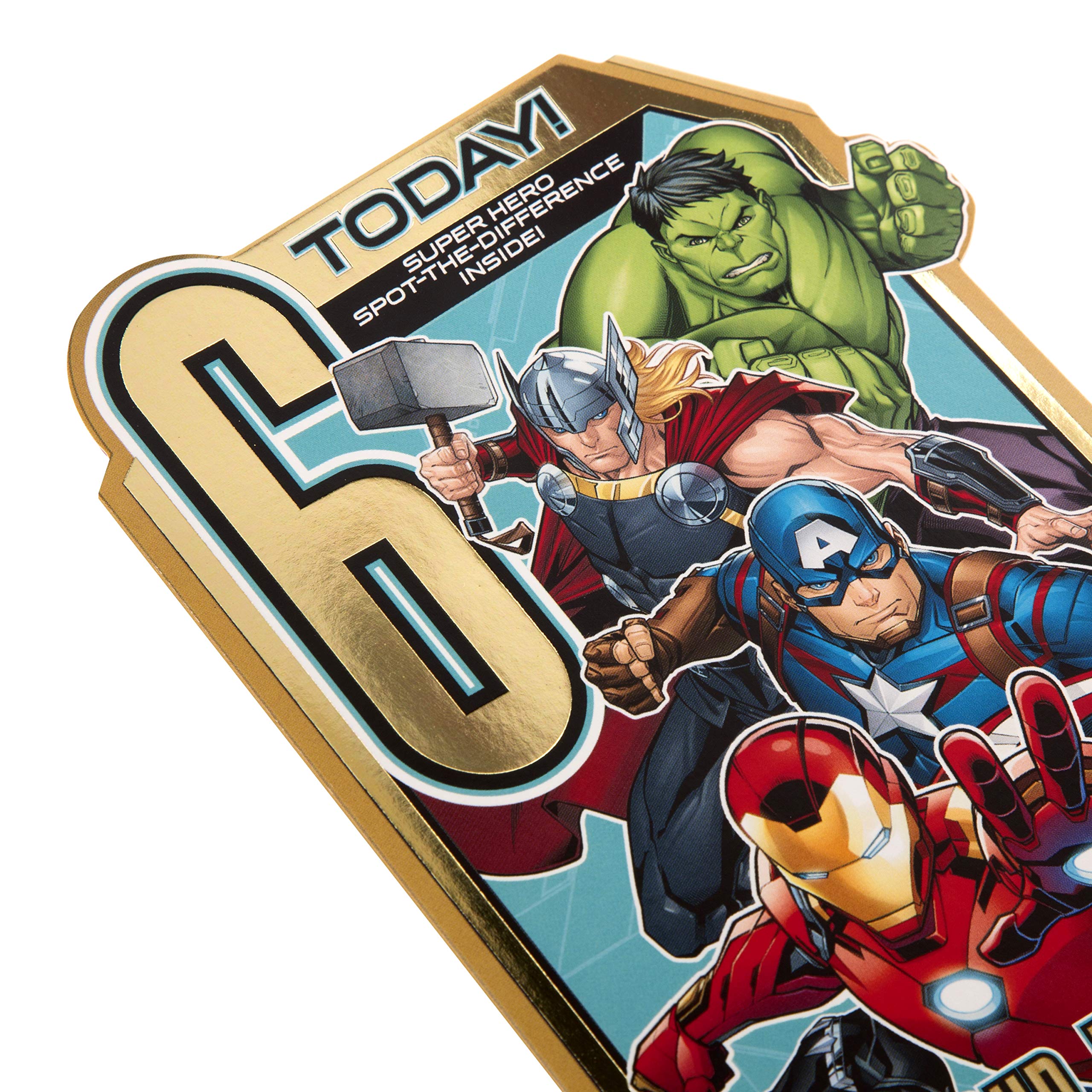Hallmark Age 6 Birthday Card - Marvel Avengers Die-Cut with Gold Foil | Blue Envelope