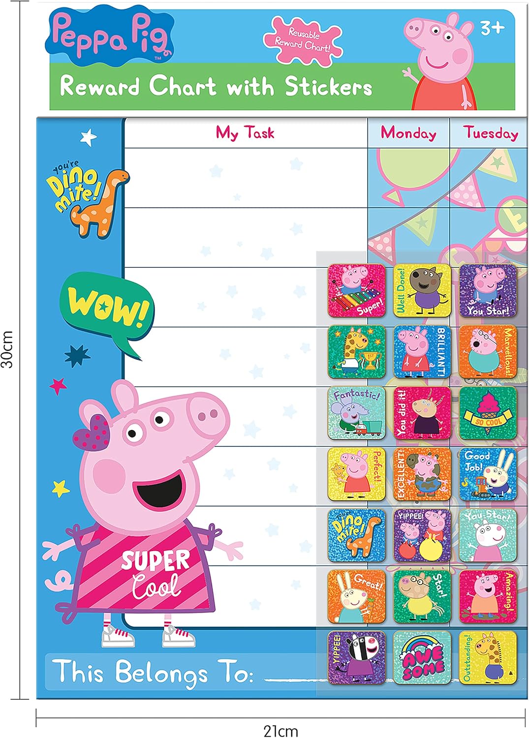 Peppa Pig Reward Chart and 56 Sparkly Stickers - Reusable Foil Stickers for Kids Ages 3+ 5