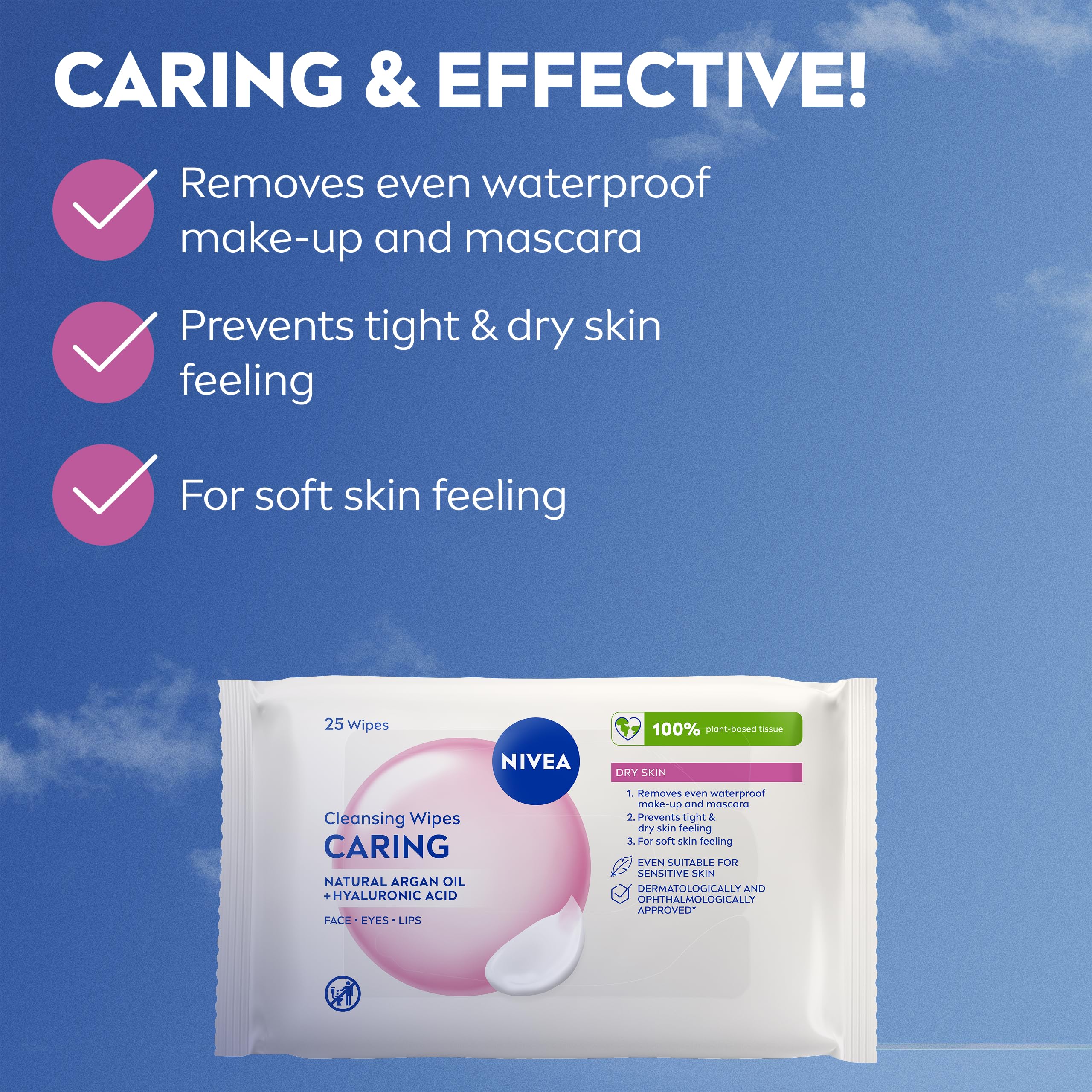 NIVEA Caring 3-in-1 Cleansing Face Wipes for Dry Skin - 25 Sheets | Waterproof Makeup Removal