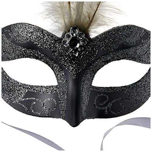 Smiffys Venetian Glitter Eyemask with Feathers - Silver