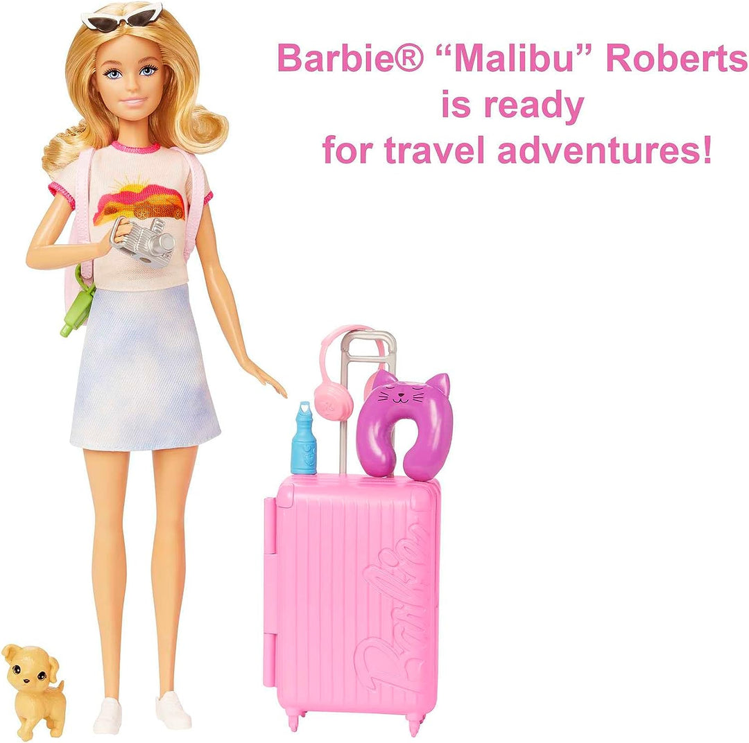 Barbie Doll and Accessories, “Malibu” Travel Set with Puppy and 10+ Pieces Including Working Suitcase