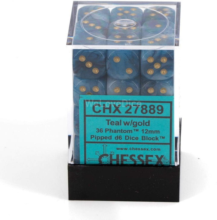 Chessex Dice d6 Sets: Phantom Teal with Gold - 12mm Six Sided Die (36) Block of Dice