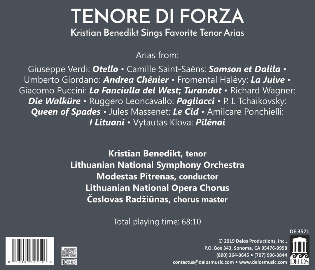 Tenore Di Forza [Kristian Benedikt; Lithuanian National Symphony Orchestra; Lithuanian National Opera Chorus; Modestas Pitrenas] [Delos: DE 3571] [Audio CD]