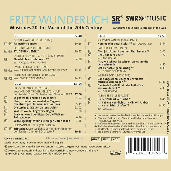 Fritz Wunderlich - Wunderlich: Music of the 20th Century [Fritz Wunderlich; Kammerorchester des Saarländischen Rundfunks; Hans Müller-Kray] [Swr Classic: SWR190 [Audio CD]