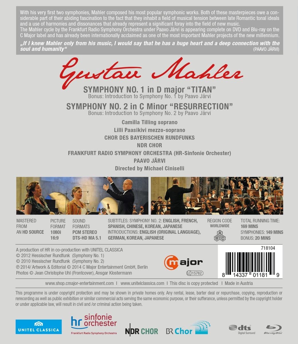 Mahler: Symphonies Nos. 1 & 2 [Paavo Jrvi, Frankfurt Radio Symphony Orchestra] [C Major [2014] [2015] [Region Free] [Blu-ray]