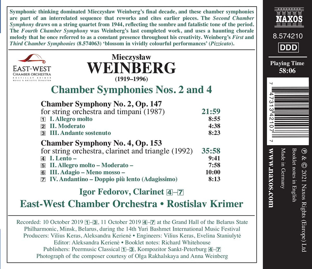 East-West Chamber Orchestra - Weinberg: Chamber Symphonies Nos. 2 and 4 [East-West Chamber Orchestra; Rotislav Krimer] [Naxos: 8574210] [Audio CD]