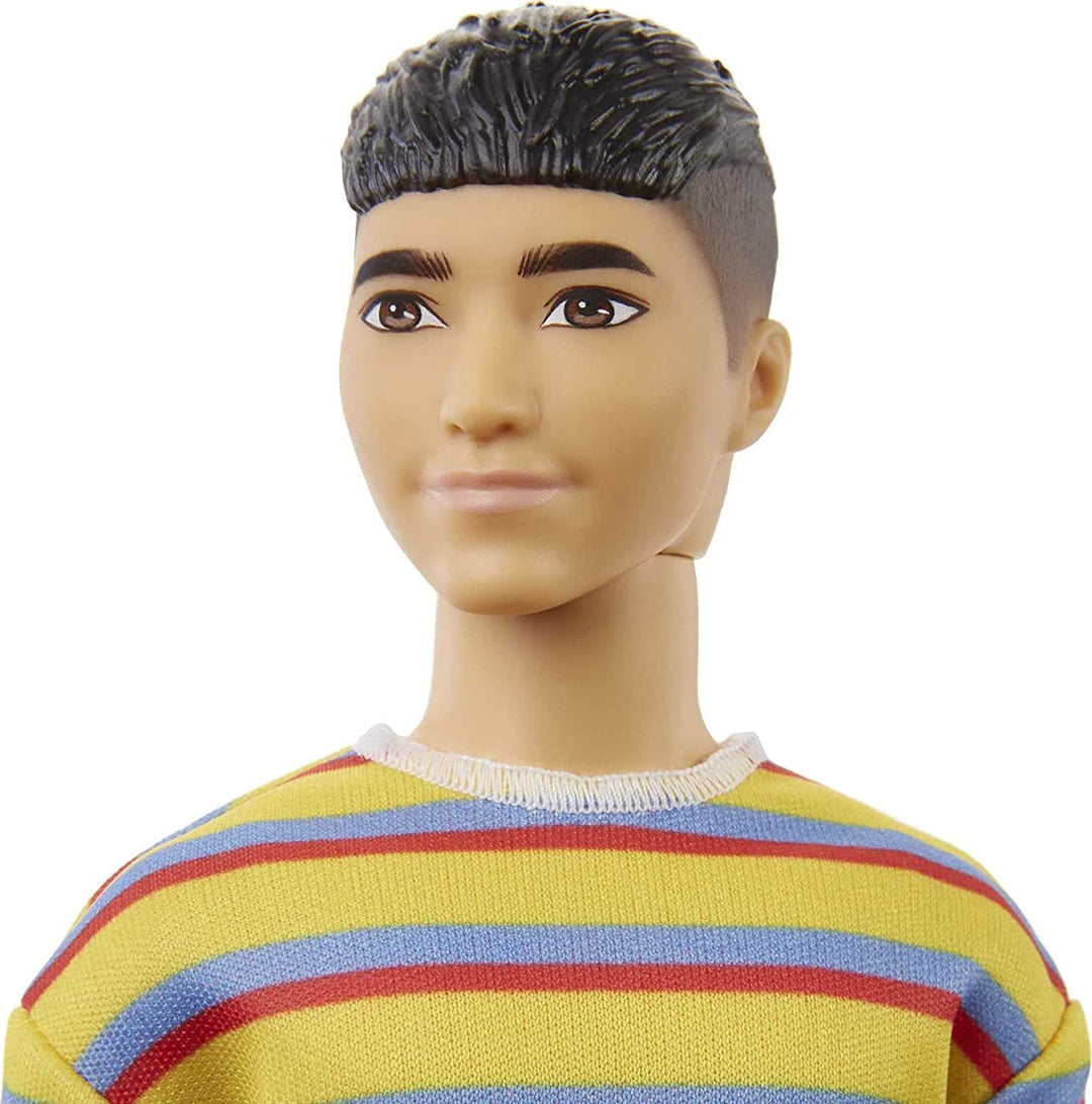 Barbie GRB91 Ken Fashionistas Doll #175 with Sculpted Brunette Hair Wearing a Long-sleeve Colorful Striped Shirt, Multicolor, 31.75 cm*5.08 cm*11.43 cm