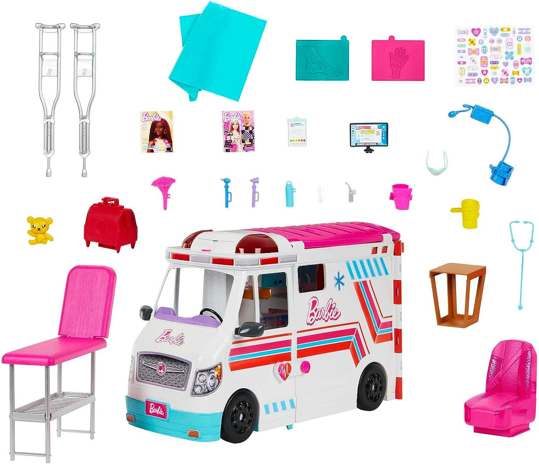 Barbie Toys, Transforming Ambulance and Clinic Playset with Lights, Sounds and Transforms into Care Clinic