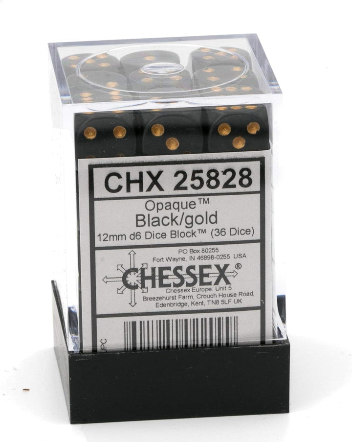 Chessex 25828 Dice-Opaque: 36D6 Black/Gold Set, Multicolor