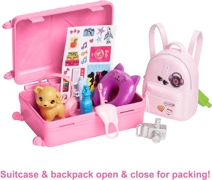 Barbie Doll and Accessories, “Malibu” Travel Set with Puppy and 10+ Pieces Including Working Suitcase