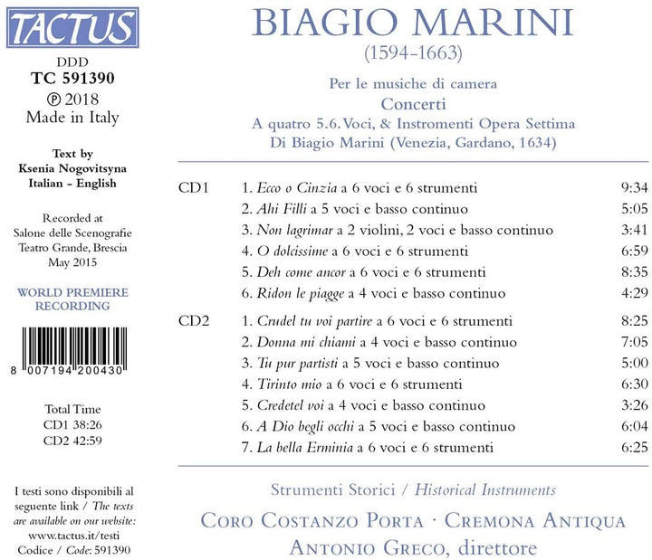 Marini: Concerti A Quatro [Costanzo Porta Ensemble; Cremona Antiqua; Antonio Greco] [Tactus: TC 591390] [Audio CD]