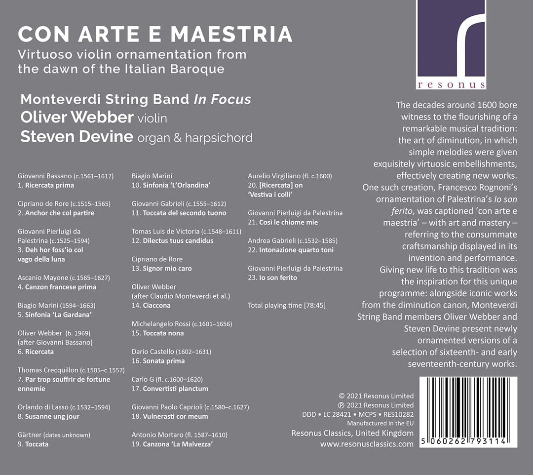 Con Arte E Meastria [Oliver Webber; Steven Devine] [Resonus Classics: RES10282] [Audio CD]