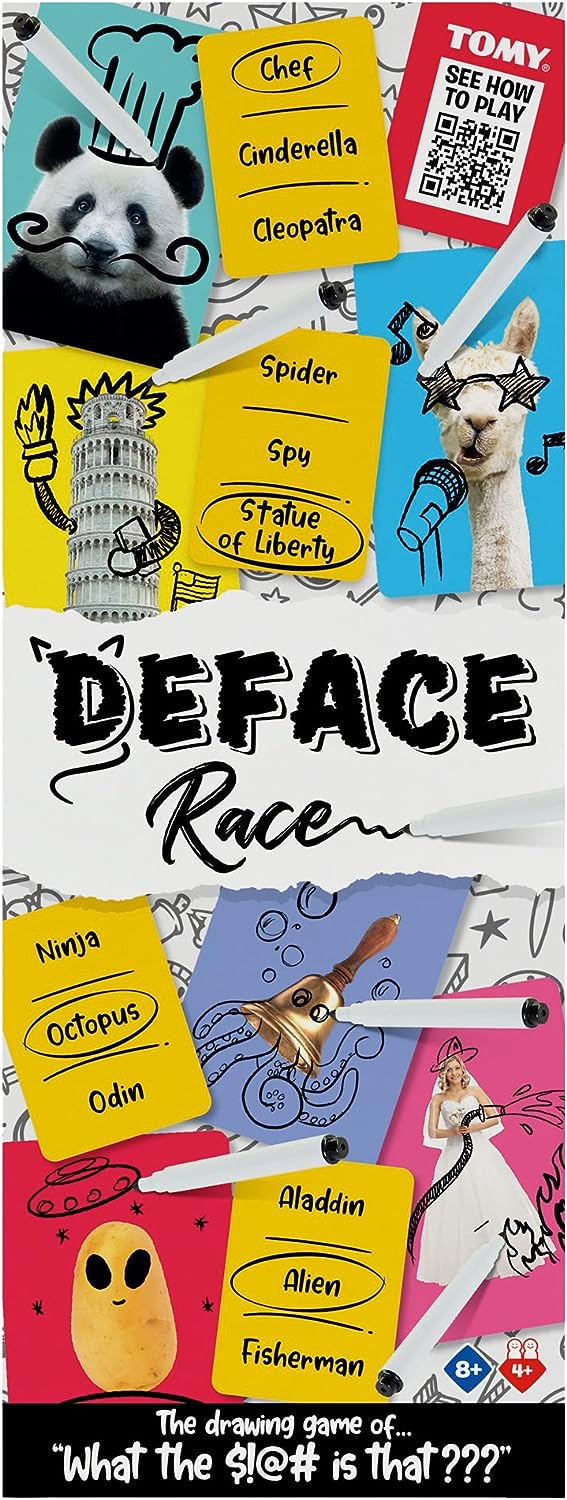 TOMY Games T73419 Deface Race, Family Card for 4 or More Players, Board Game For Adults And Kids