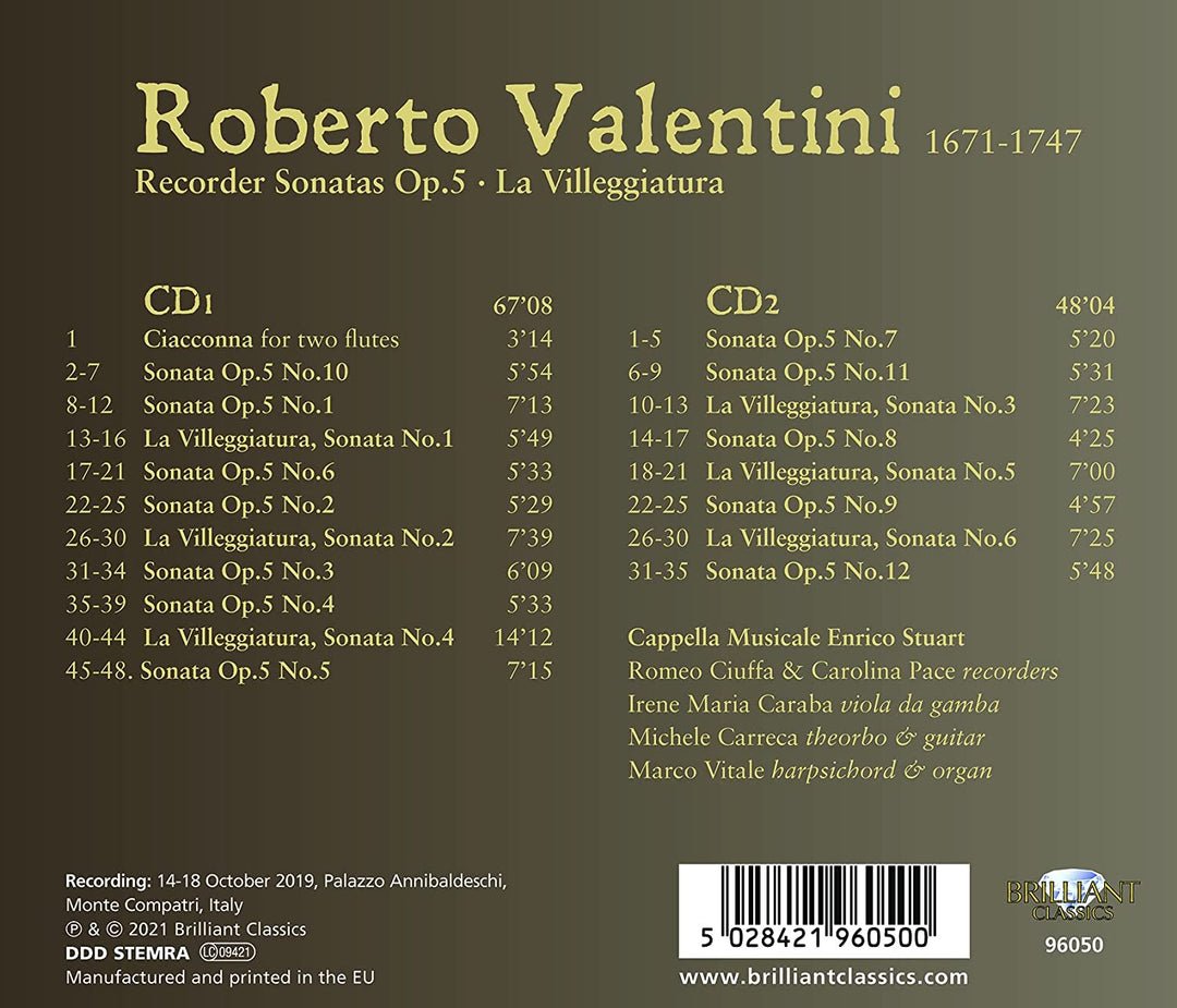 Valentini: Recorder Sonatas Op.5, La Villeggiatura [Audio CD]