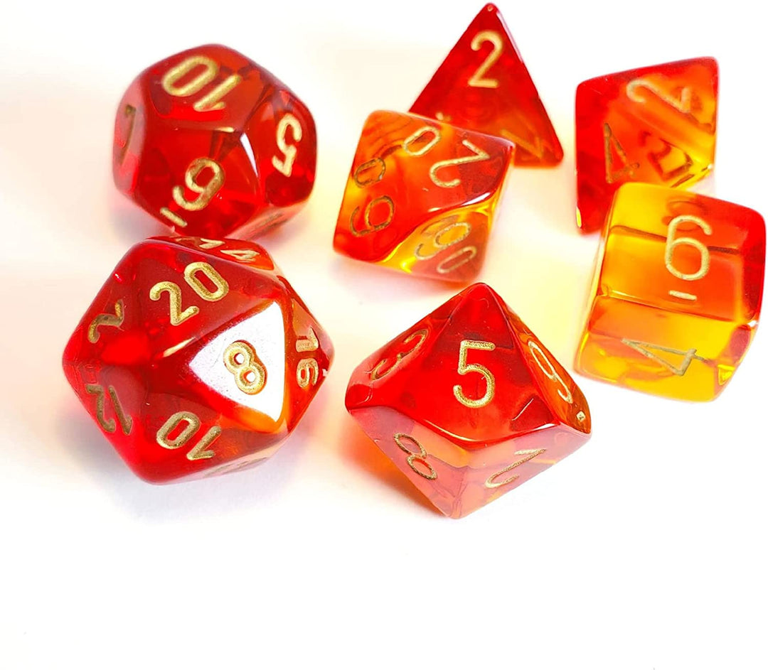 Chessex Gemini Translucent Dice Set 7 Polyhedral Dice Red and Yellow with Gold,