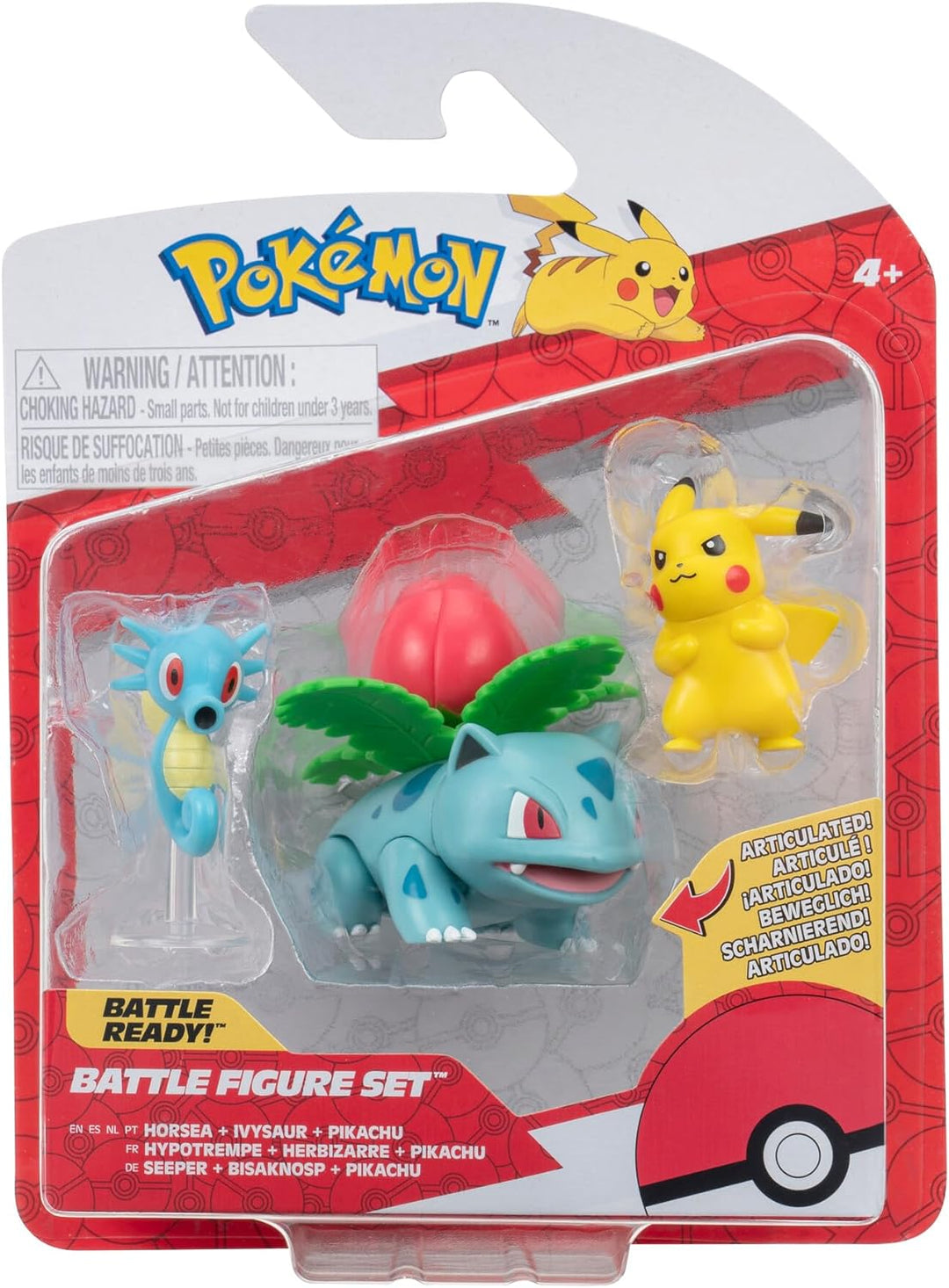 Pokémon PKW3049 3 Pack-Features 2 Pikachu and Horsea and 3-Inch Ivysaur Battle Figures