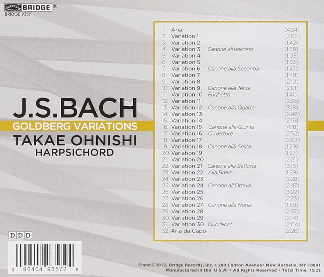 Bach: Goldberg Variations Bwv 988 (Takae Ohnishi) (Bridge Records: BRIDGE 9357) [Audio CD]