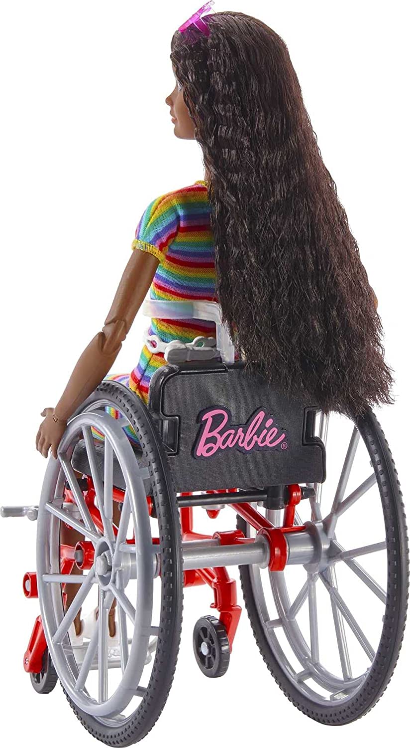 Barbie Fashionistas Doll #166 with Wheelchair & Crimped Brunette Hair - Rainbow Dress, 22 Joints 4