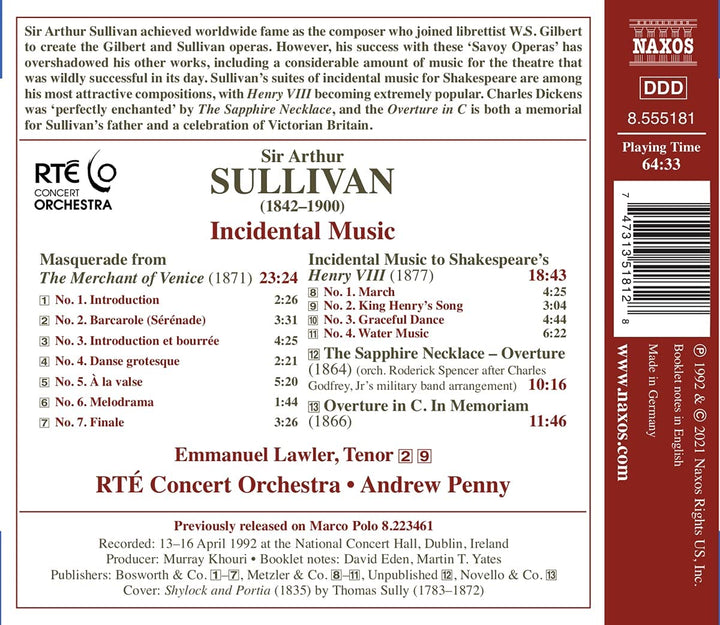 Sullivan: Incidental Music [Emmanuel Lawler; RT Concert Orchestra; Andrew Penny [Audio CD]