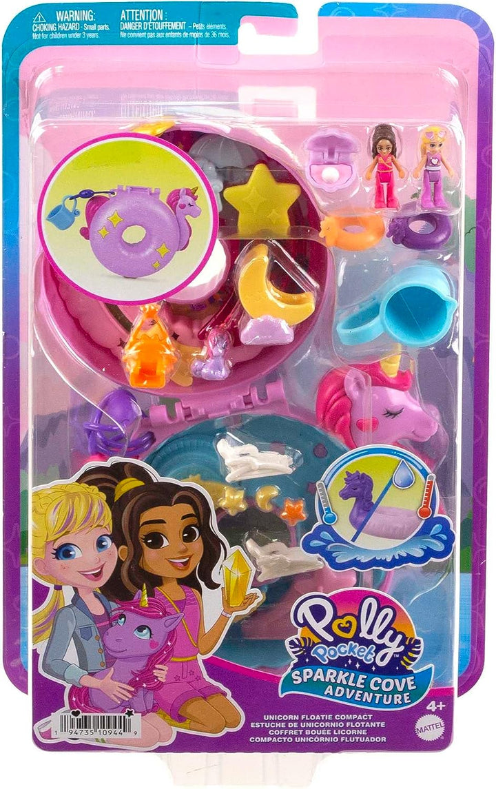 Polly Pocket Dolls and Playset, 12 Accessories, Unicorn Floatie Compact with Water Play