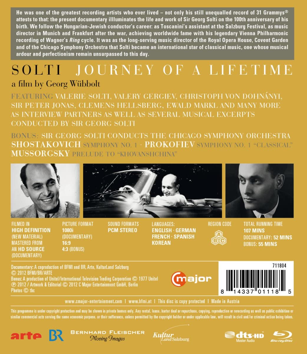 Solti: Journey Of A Lifetime (100th Anniversary Of Solti) (Chicago Symphony Orchestra/ Sir Georg Solti) (C Major: 711804) [2012][Region A & B] [BLu-ray]