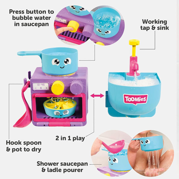 Toomies E73264 Bubble & Bake Bathtime, Baby, Bath Toddlers, Kitchen Themed Bubble Making Toy, 2 in 1 Set, Kids Water Play Suitable for 18M & 2 3 & 4 Year Old Boys & Girls