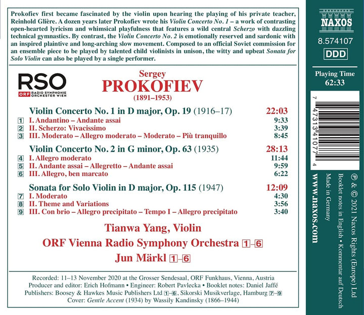 Prokofiev: Violin Concertos 1&2 [Tianwa Yang; ORF Vienna Radio Symphony Orchestra; Jun Märkl] [Naxos: 8574107] [Audio CD]