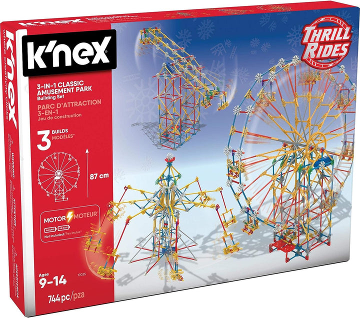 K'NEX 17035 Thrill Rides 3-in-1 Classic Amusement Park Building Set, 744 Piece Kids Building Set for Creative Play, Hours of Fun Making Three Fair Ground Rides, Suitable for Boys and Girls Aged 9+