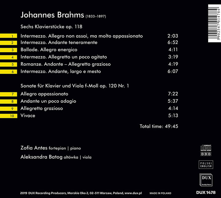 Zofia Antes & Aleksandra Batog - Brahms: Sechs Klavierstuke Op.188, Sonata fur Klavier und Viola Op.120. No.1 [Audio CD]