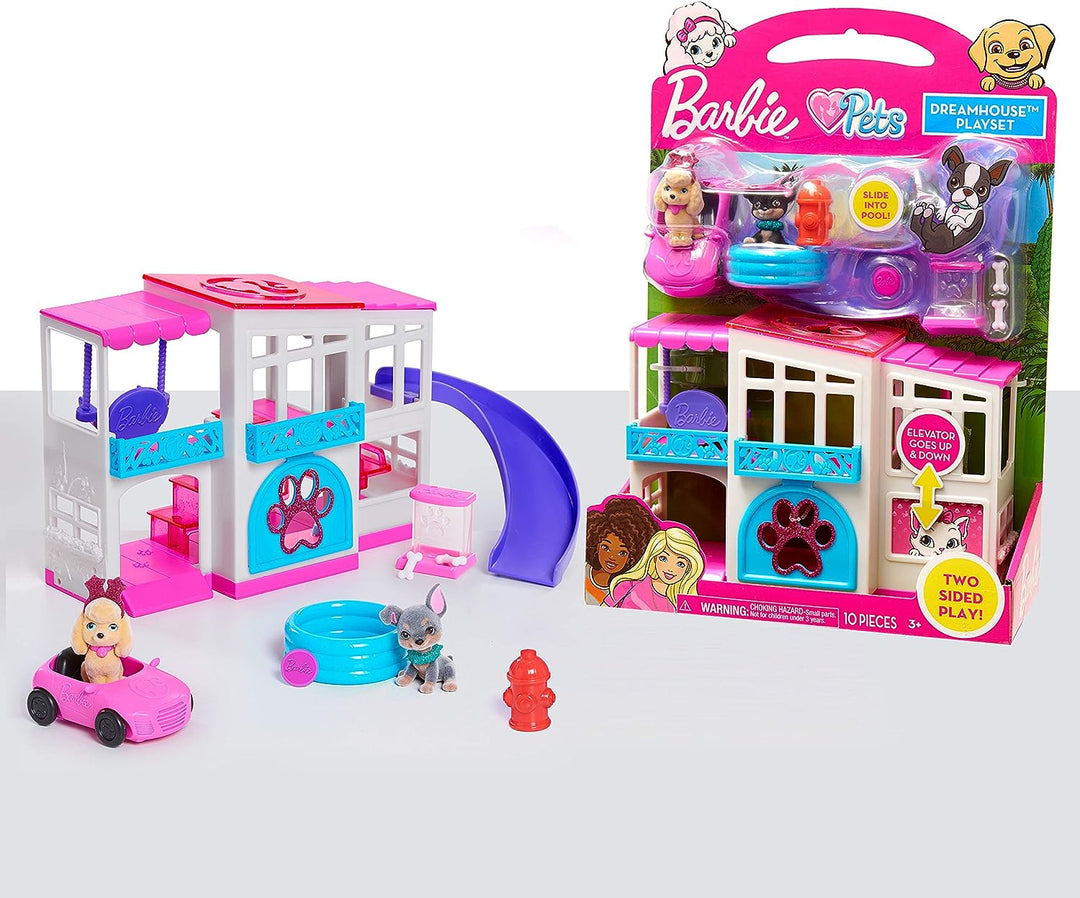 Barbie Pet Dreamhouse 2-Sided Playset, 10-pieces Include Pets and Accessories