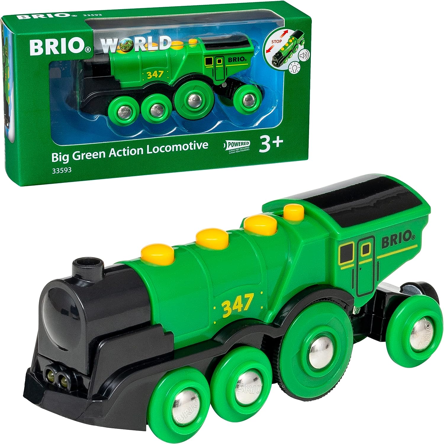 BRIO World Big Green Action Locomotive Battery Powered Wooden Train Engine for Kids - Model 33593
