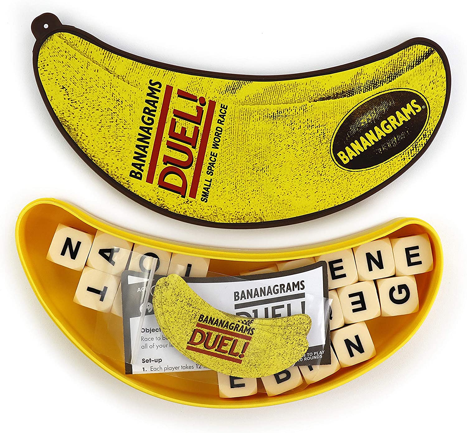 BANANAGRAMS Duel Word Game for Two Players with 24 Letter Dice and Banana-Themed Challenge Cards