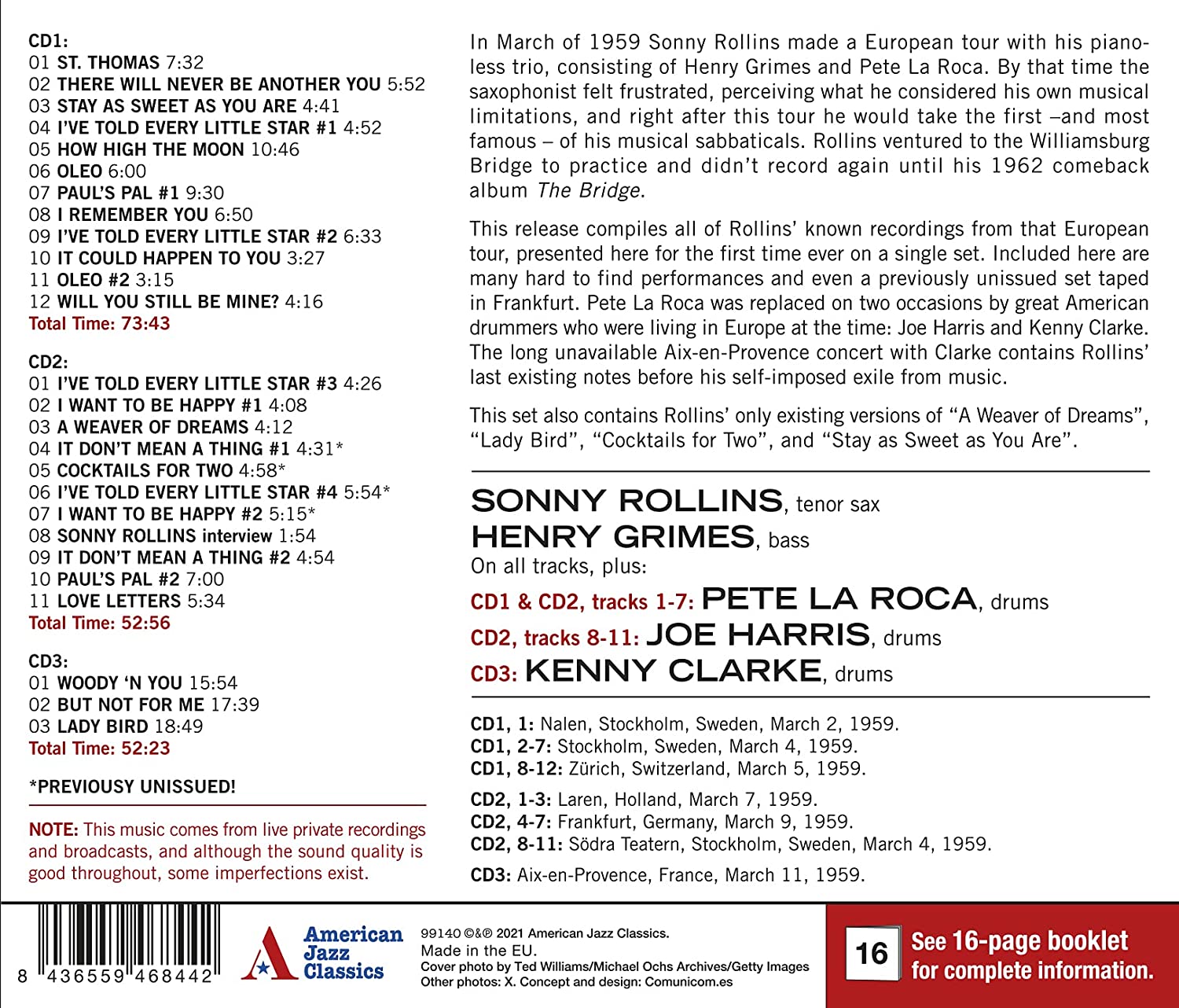 Sonny Rollins - Live in Europe 1959 - Complete Recordings [Audio CD]