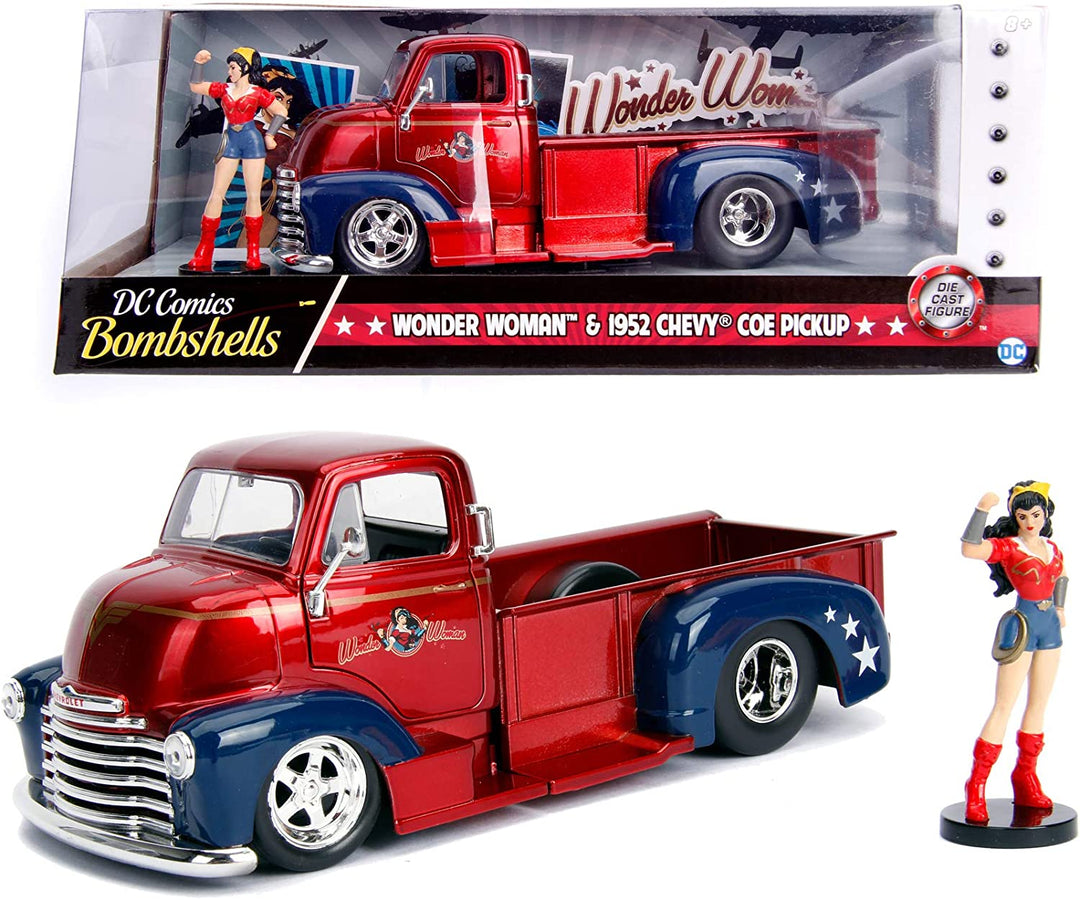 Jada Toys 253255010 DC Bombshells 1952 Chevy COE Pickup Car Toy Car from Diecast, Doors, Boot & Bonnet to Open, Includes Wonder Woman Figure, 1:24 Scale, Red/Blue