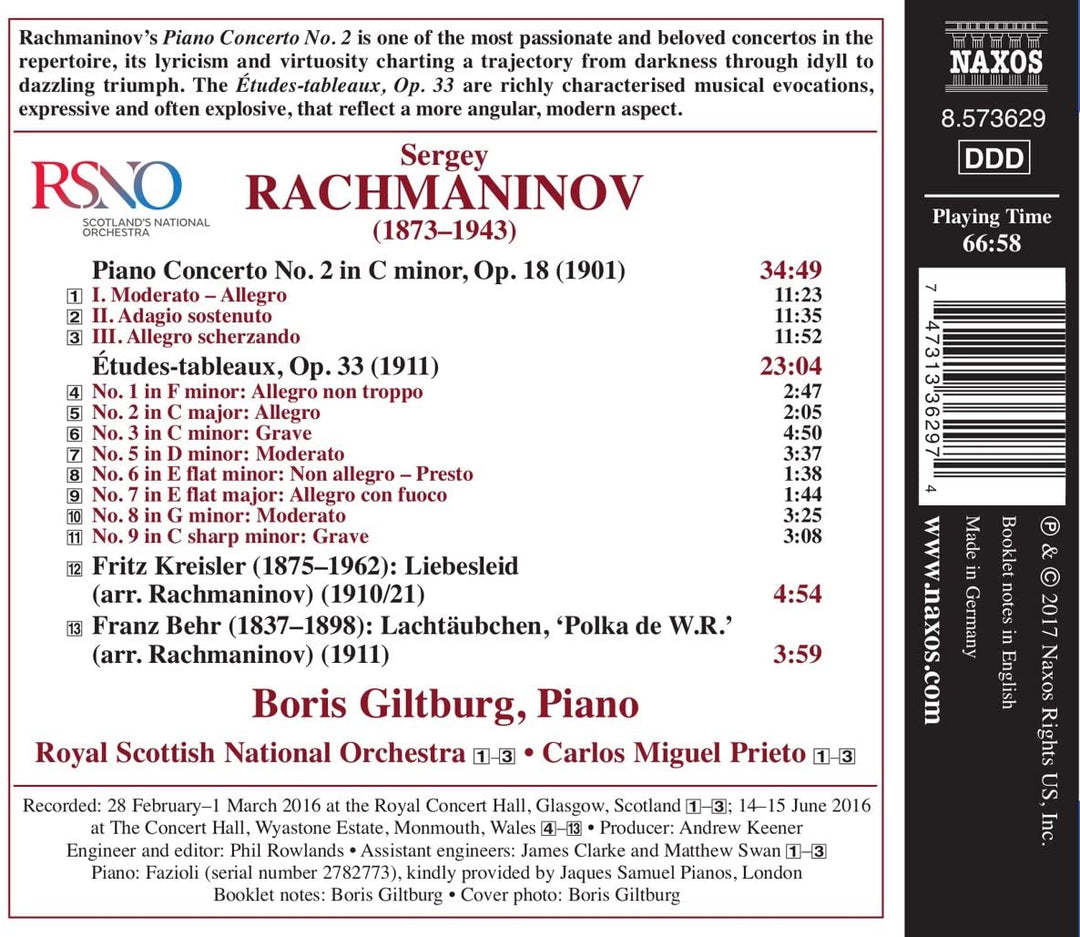 Sergei Rachmaninov: Piano Concerto No. 2, Etudes-tableaux Op. 33 [Boris Giltburg, Royal Scottish National Orchestra; Carlos Miguel Prieto] [Naxos: 8573629] - Royal Scottish National Orchestra [Audio CD]