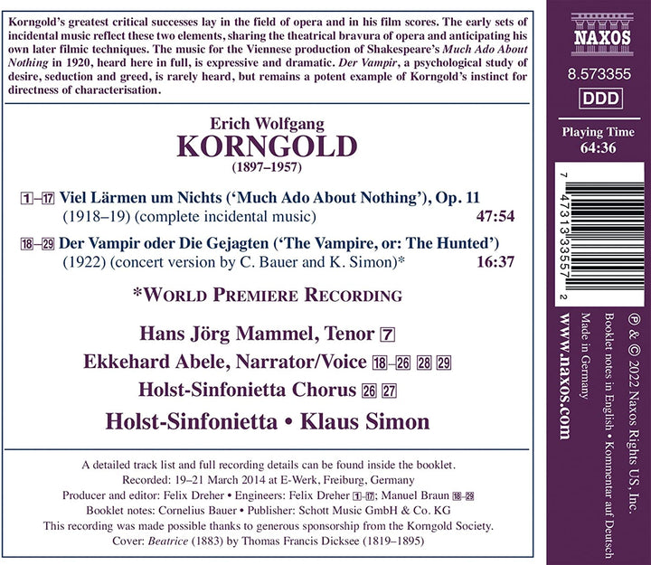 Korngold: Incidental Music [Hans Jörg Mammel; Ekkehard Abele; Holst-Sinfonietta; Klaus Simon] [Naxos: 8573355] [Audio CD]