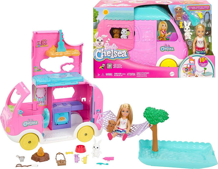 Barbie Camper, Chelsea 2-in-1 Playset with Small Doll, 2 Pets & 15 Accessories