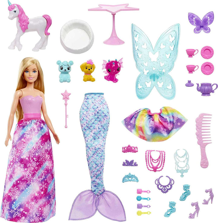 Barbie Dreamtopia Advent Calendar with Barbie Doll & 24 Surprises Including Fairytale Fashions, Pets & Accessories, Holiday Gift for 3 to 7 Year Olds