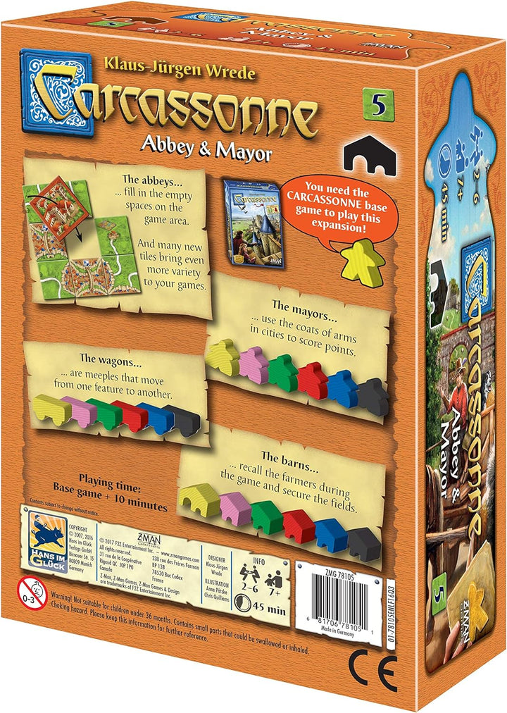 Z-Man Games | Carcassonne Abbey & Mayor Board Game EXPANSION 5 | Ages 7 and up | 2-6 Players