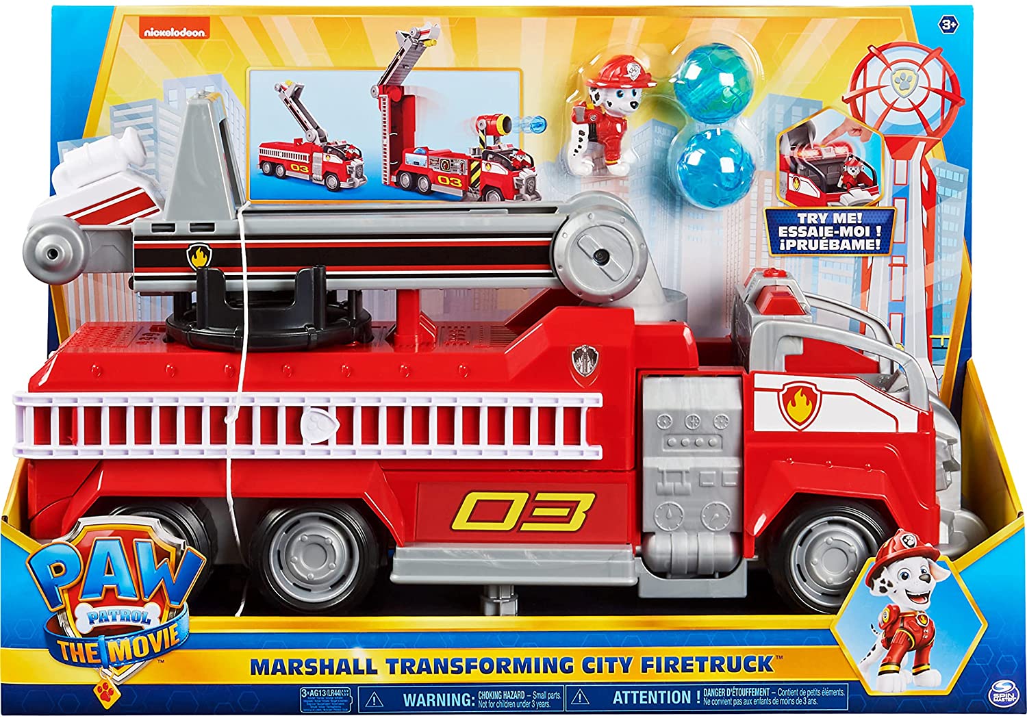 PAW Patrol Marshall’s Transforming Movie City Fire Truck - Fire Engine Playset with Lights, Sounds & Action Figure for Ages 3+