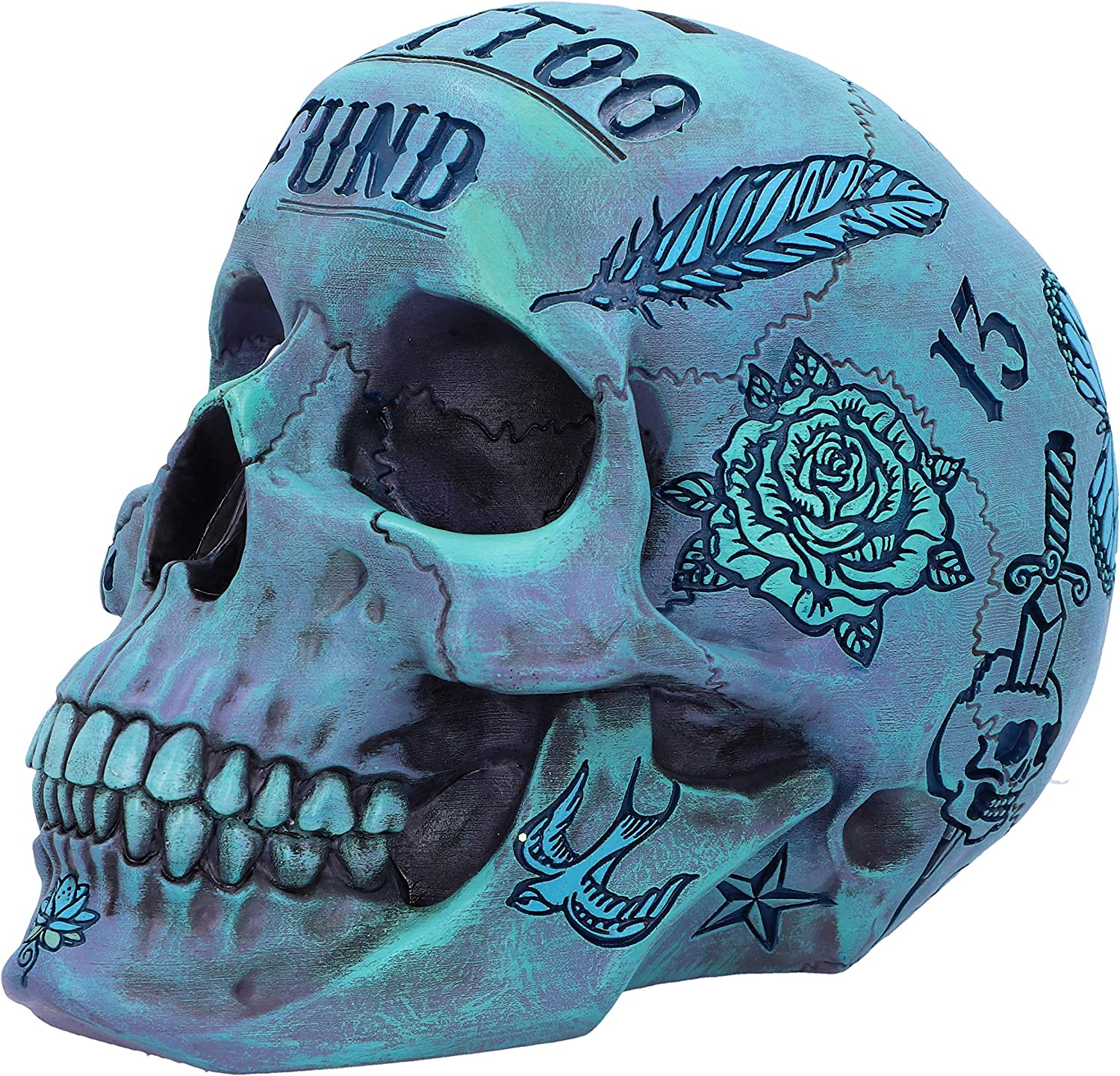 Nemesis Now Aqua Blue Traditional Tribal Tattoo Fund Skull - Polyresin Money Box 7
