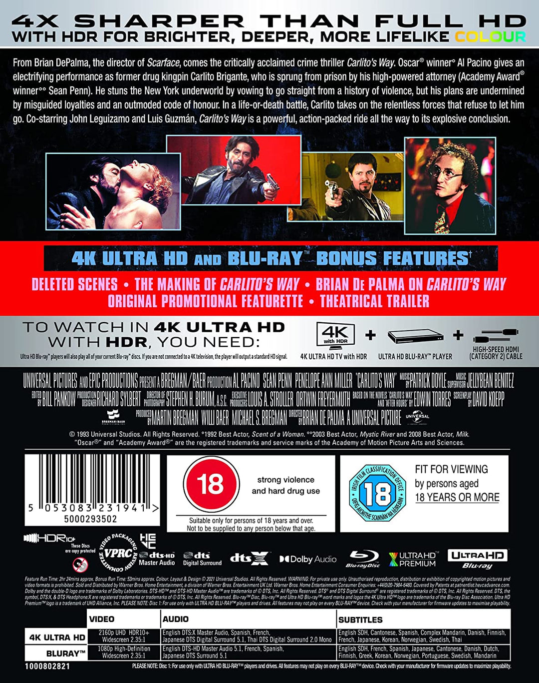 Carlito's Way [4K Ultra HD] [1993] [Region Free] - Crime/Drama [Blu-ray]