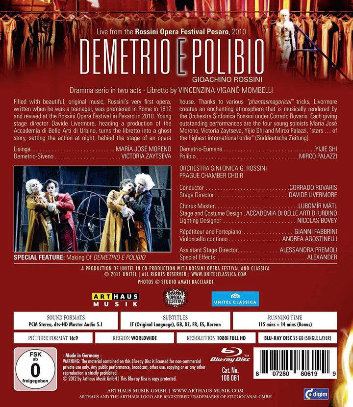 Rossini: Demetrio E Polibio (2010) (María José Moreno/ Victoria Zaytseva/ Yijie Shi/ Mirco Palazzi/ Corrado Rovaris) (Arthaus : 108061) [Blu-ray] [2012] - [Blu-Ray]