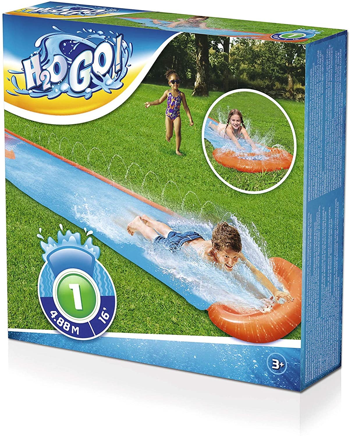 Bestway H20GO Single Water Slide - 4.88m Inflatable Slip and Slide with Built-In Sprinklers for Kids 3+