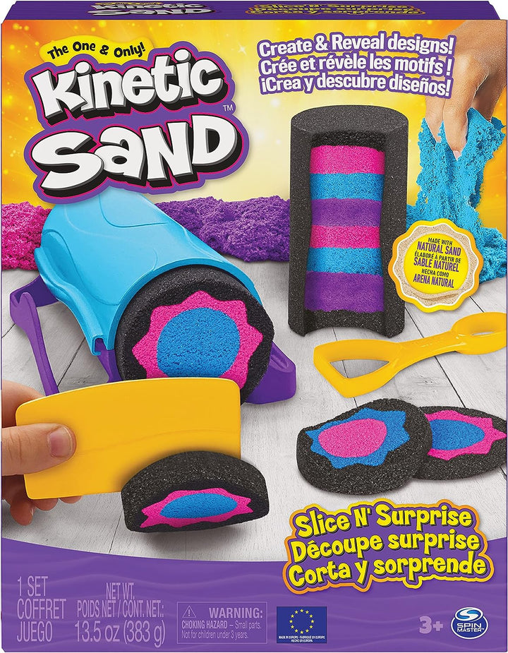 Kinetic Sand, Slice N’ Surprise Set with 383g of Black, Pink and Blue Play Sand