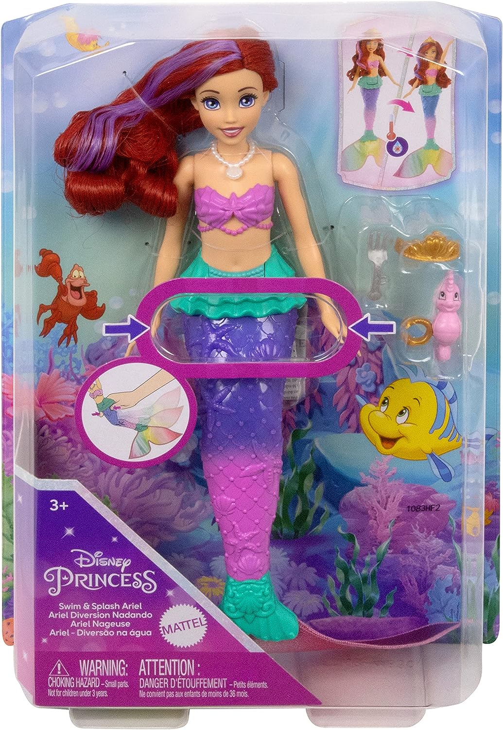 Disney Princess Toys, Ariel Swimming Mermaid Doll with Color-Change Hair and Tail