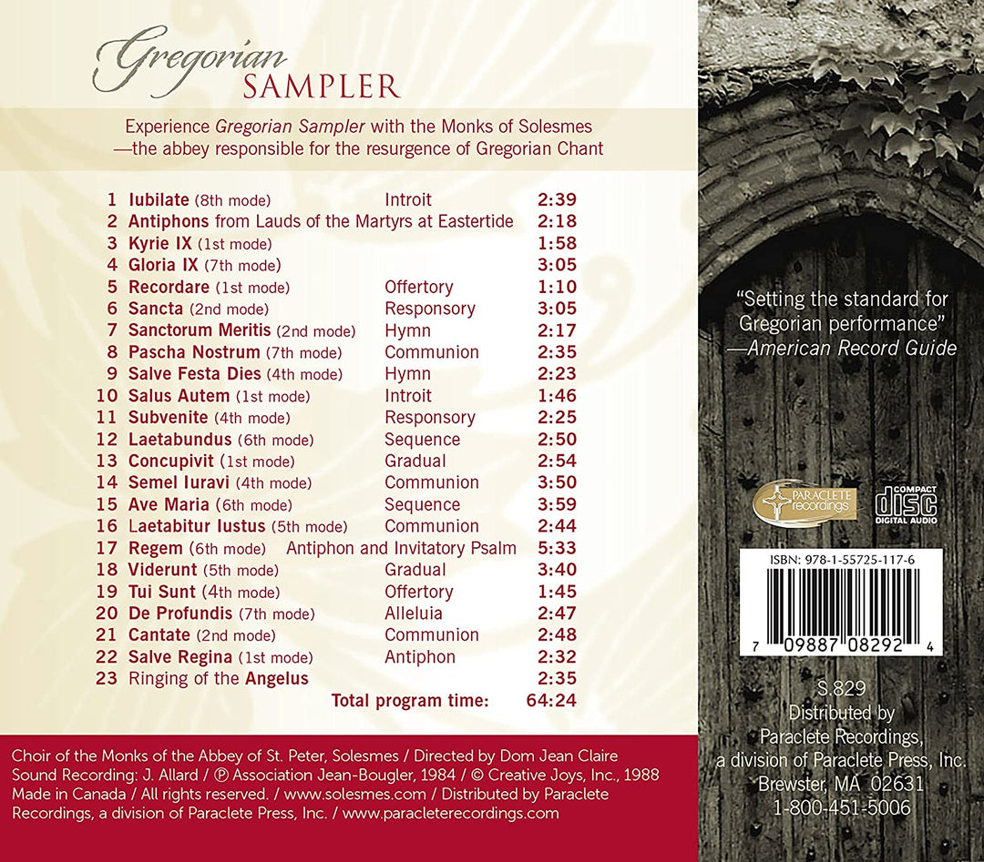 Choir of the Monks of the Abbey St. Peter - Gregorian Chant Sampler [Choir of the Monks of the Abbey St. Peter; Solesmes; Dom Jean Claire] [Paraclete Recordings: GD 8291] [Audio CD]