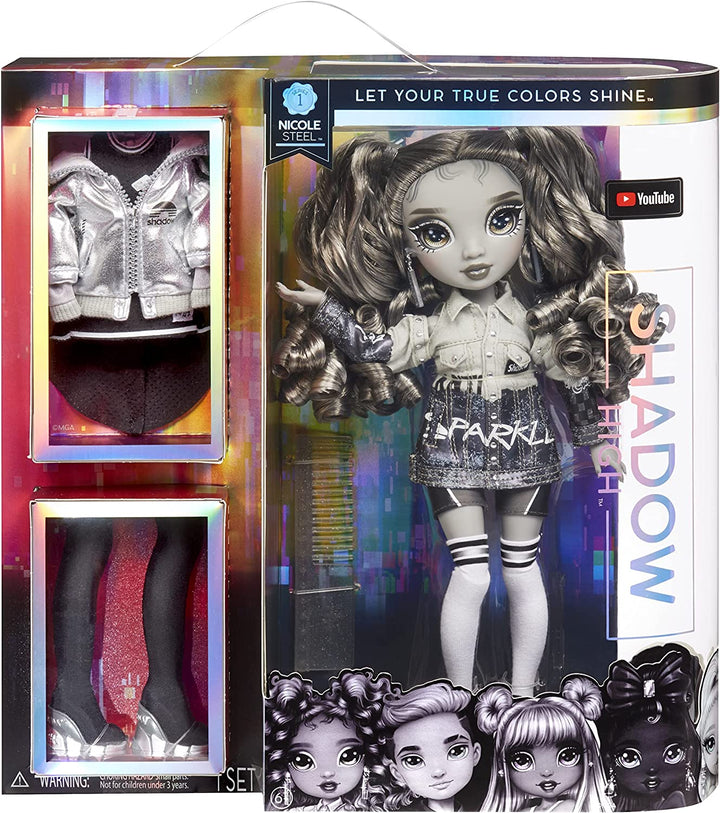 Rainbow High Shadow High Series - NICOLE STEEL - Greyscale Fashion Doll with Curly Hair