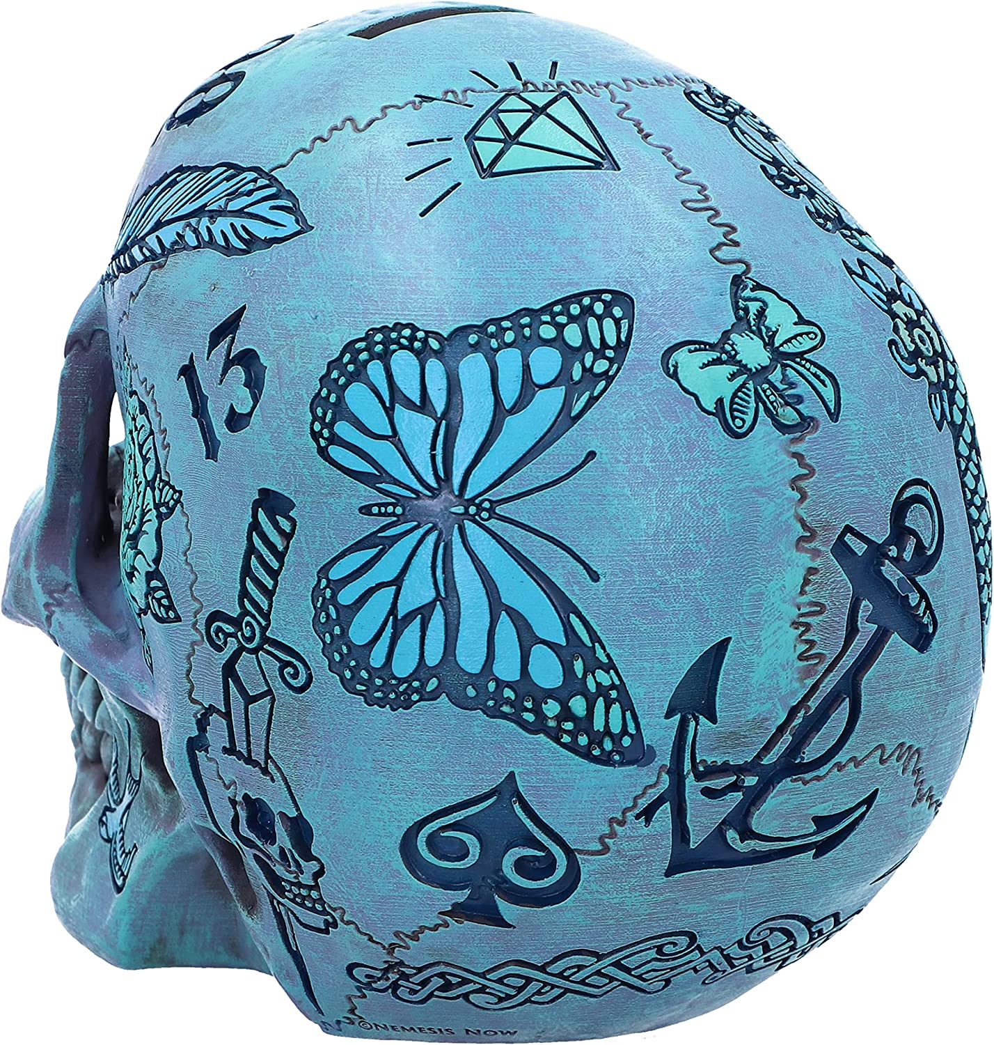 Nemesis Now Aqua Blue Traditional Tribal Tattoo Fund Skull - Polyresin Money Box 6